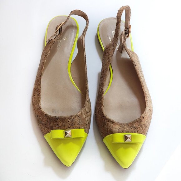 KATE SPADE Ginny Pointed Toe Kork Flat Slingback Sandals Bow Neon Yellow - Picture 3 of 7